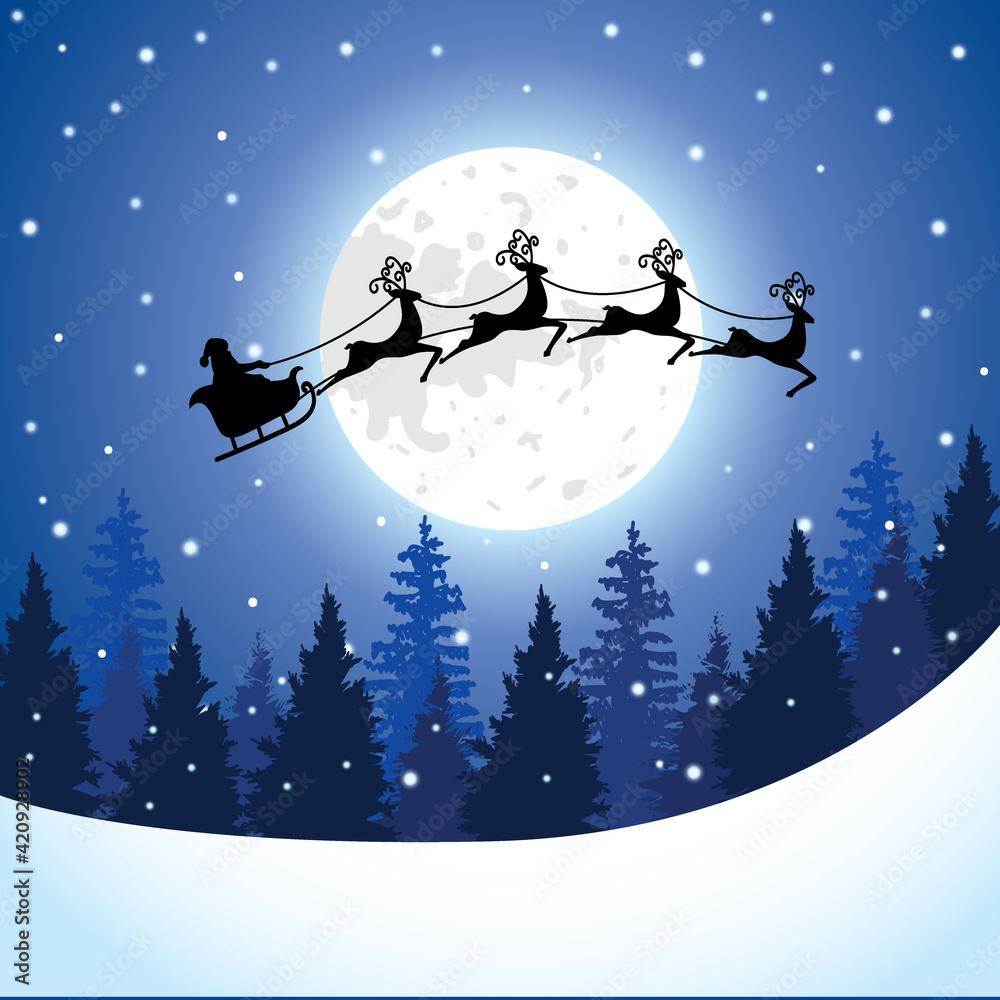 Santa Claus with sleigh and reindeer silhouette on a big full moon in ...