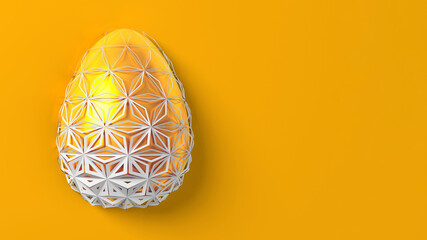 Easter concept. One single white golden egg with geometric original changing patterns on the surface on a yellow orange background. 3d illustration