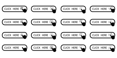 Poster - Click here set. Vector design banner. Mobile interface design. Hand click icon. Stock image. EPS 10.