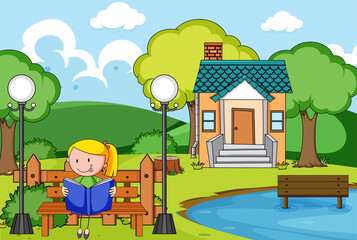 Front house scene with a girl reading book sitting on bench