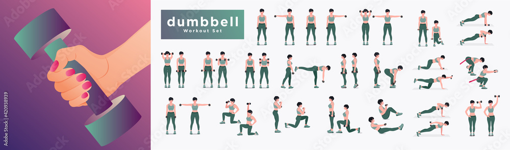 Dumbbell workout Set. Women doing fitness and yoga exercises. Lunges, Pushups, Squats, Dumbbell rows, Burpees, Side planks, Situps, Glute bridge, Leg Raise, Russian Twist, Side Crunch .etc - obrazy, fototapety, plakaty 