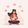© KeronnArt - Breastfeeding problems. Postpartum depression. Woman holding newborn baby. Questions with natural feeding. Vector illustration in flat cartoon style.