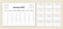 Calendar 2022 Year. Planner Template. Week Starts Sunday. Vector. Yearly Stationery Organizer. Calender Layout. Table Schedule Grid. Horizontal Monthly Diary With 12 Month. Simple Illustration.