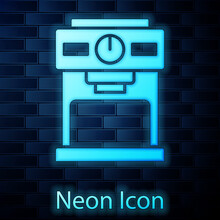 Glowing Neon Coffee Machine Icon Isolated On Brick Wall Background. Vector