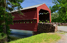 Picturesque Red Sachs  Covered  Bridge Over Marsh Creek In Springtime Near Gettysburg, Colorado