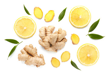 Fresh ginger and lemon on white background