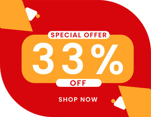 Special offer 33 percent discount banner, Sale and special offer banner. 33% off shop now