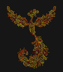 Poster - Firebird with a Majestic Tail. Phoenix Bird. Mythical character. Ornamental Silhouette for your design