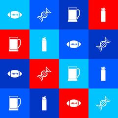 Sticker - Set American Football ball, DNA symbol, Glass of beer and Lighter icon. Vector