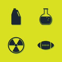 Set Household chemicals bottle, American Football ball, Radioactive and Test tube and flask icon. Vector