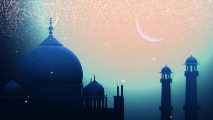 Wall Mural - Ramadan Kareem Background Loop. Silhouette of Taj Mahal with particle glitter glow and crescent moon on soft background.