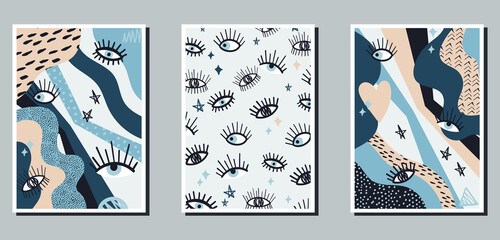 A set of three minimalistic bright posters. Abstract backgrounds for social networks, web design, interiors. Vintage funny illustrations with different shapes, eyes, eyelashes, doodles, dots, dashes.