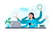 A Businesswoman Does All Work Tasks in Time. Multitasking, Time Management, and Productivity Concept. Vector Flat Illustration.
