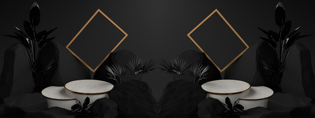 Wall Mural - round marble pedestal, surrounded by tree, golden picture frames and background is black stone. pede