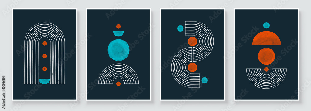 Mid Century Modern Design. A trendy set of Abstract Black Hand Painted Illustrations for Postcard, Social Media Banner, Brochure Cover Design or Wall Decoration Background. Vector illustration. - obrazy, fototapety, plakaty 
