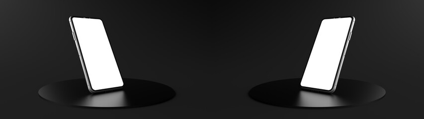 Wall Mural - the smartphone white screen on black round pedestal, mobile phones mockup tilted to the ground. pede