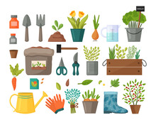 Collection Of Garden Tools And Plants. Gardening Or Horticulture Concept. Design Elements For Print, Packaging Or Stickers. Vector Illustration.