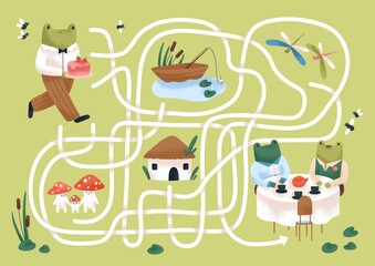 Kids maze game with cute frogs in nature. Childish labyrinth puzzle with paths. Logical quest for children in preschool and kindergarten. Colored flat vector illustration of map with roads
