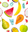Watercolor seamless tropical fruit illustration, watermelon pawpaw, pear, banana with kiwi, dragonfruit, passion fruit.
