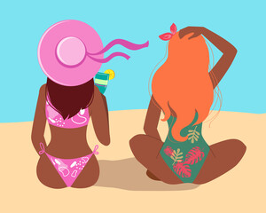 Silhouette of two summer beautiful girls in bathing suits on the seashore. Vacation concept