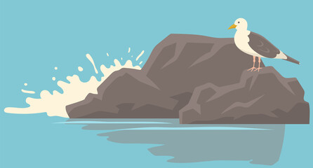 seagull with folded wings and closed beak standing on stone for ocean landscape vector illustration