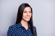 © deagreez - Photo of optimistic good brunette girl look empty space wear blue blouse isolated on grey color background