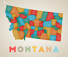 Montana Map. Us State Poster With Colored Regions. Old Grunge Texture. Vector Illustration Of Montana With Us State Name.