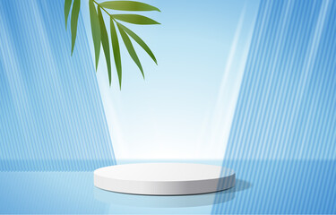 abstract minimal scene with geometric forms. cylinder podium in blue background with leaves. product