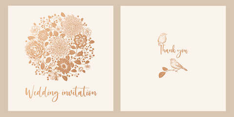 Wedding invitations set. Birds, bouquet of flowers and wreath of leaves. Vector. Vintage.