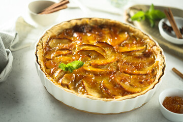 Wall Mural - Traditional homemade apple tart with apricot jam