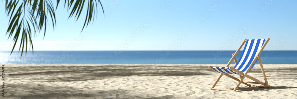 Leerer Strand mit Strandliege im Sommer in der Karibik - obrazy, fototapety, plakaty 