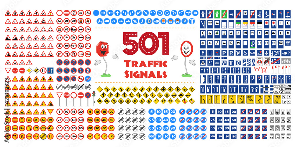 Full collection of 501 Traffic or Road signals isolated on white background. Vector illustration icon set - obrazy, fototapety, plakaty 