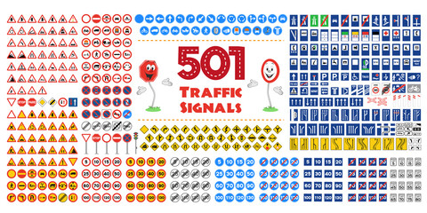 Full collection of 501 Traffic or Road signals isolated on white background. Vector illustration icon set