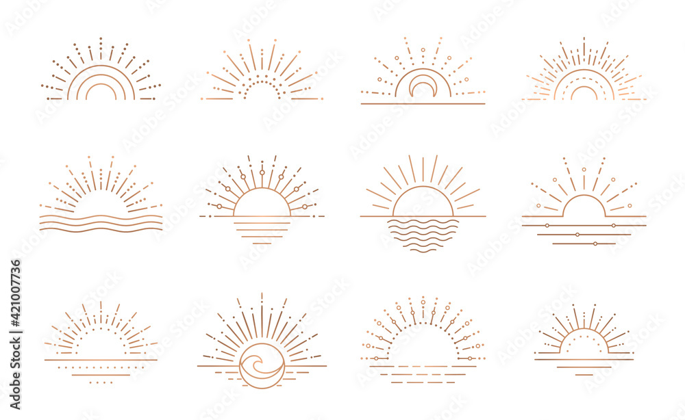 Boho sunrise logo, sun line art vector. Sunset stock vector logo design - obrazy, fototapety, plakaty 