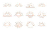 Fototapeta Zachód słońca - Boho sunrise logo, sun line art vector. Sunset stock vector logo design