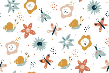 Wall Mural - Floral seamless pattern with butterflies, hand drawn vector design. Seamless fashion trendy fabric texture. Vector wallpaper. Illustration of seamless textile background. summer flowers.