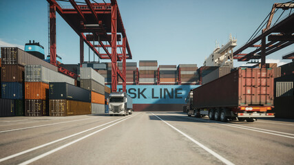 Loading containers from Cargo freight ship. Cargo trailers in the container terminal. 3d illustration