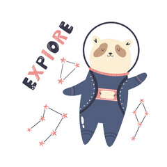 Wall Mural - Vector illustration of a funny panda bear astronaut, constellations and letteing text EXPLORE