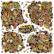 Native American Cartoon Vector Doodle Designs Set.