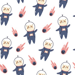 Wall Mural - Cosmic seamless pattern with cute panda bear astronauts