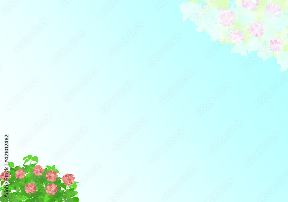 濃色で描いた赤系のあじさいと白 淡色のあじさいの花と葉 空色のグラデーションの背景 フレームイラストレーション Wall Mural Rainowl