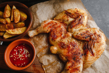 Grilled tobacco chicken with rustic potatoes and barbecue sauce on a dark background. top view side view