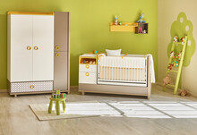 Green Baby Room With Bed And Cabinet Style, Hanger Toy Carpet Style.