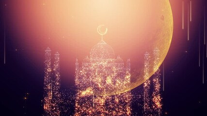 Wall Mural - Ramadan Kareem Background Loop. Silhouette of Taj Mahal with particle glitter glow and crescent moon on soft background.