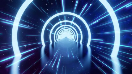 Wall Mural - loop motion of glowing neon ring and dark galaxy star background. cyber futuristic high speed light 