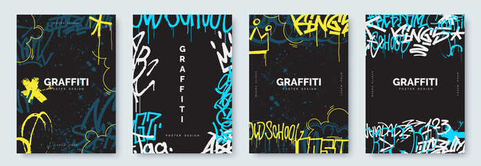 Abstract graffiti poster with colorful tags, paint splashes, scribbles and throw up pieces. Street art background collection. Artistic covers set in hand drawn graffiti style. Vector illustration