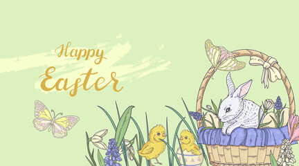 Poster - Horizontal Easter banner with bunnies, chickens and spring flowers
