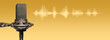 modern recording studio microphone with waveform on golden color background, music production, broadcasting or podcasting banner with copy space