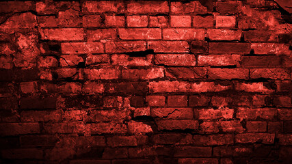 Wall Mural - Old dilapidated brick wall. Red toned brick background with copy space for design. Web banner. Horror, Halloween, decay, gothic concept.