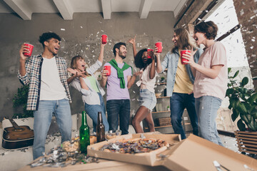 Photo of excited happy group of friends drink red cup toast celebrate party dormitory indoors inside house flat